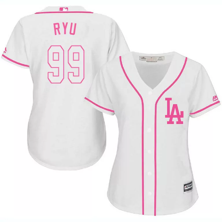 Personalized Los angeles dodgers 99 hyun jin ryu white pink women cool base jersey 8213