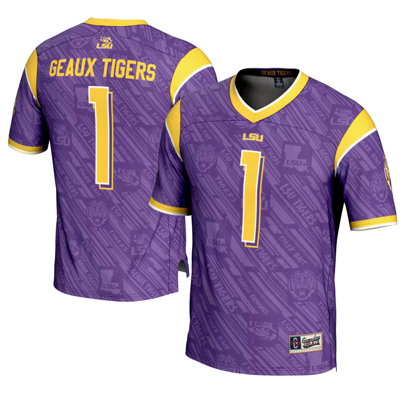 Personalized Lsu tigers 1 gameday greats purple highlight print football fashion jersey 9046