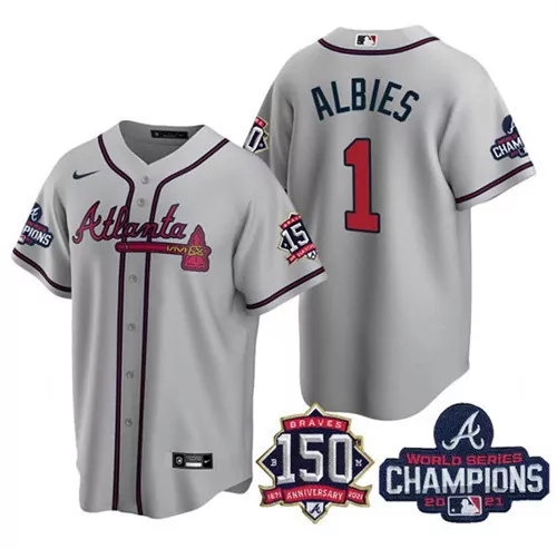 Custom Mens atlanta atlanta braves 1 ozzie albies 2021 gray world series champions with 150th anniversary patch cool base stitched jersey 8873