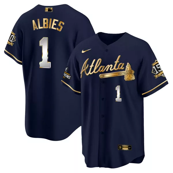 Customizable Mens atlanta atlanta braves 1 ozzie albies 2021 navygold world series champions with 150th anniversary patch cool base stitched jersey 5019