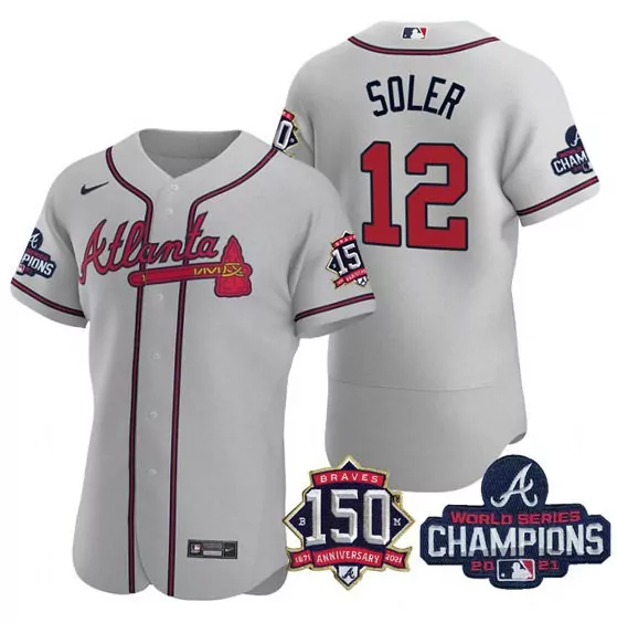 Personalized Mens atlanta atlanta braves 12 jorge soler 2021 gray world series champions with 150th anniversary flex base stitched jersey 7293