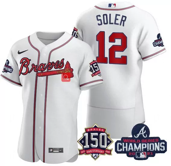 Customizable Mens atlanta atlanta braves 12 jorge soler 2021 white world series champions with 150th anniversary flex base stitched jersey 2908