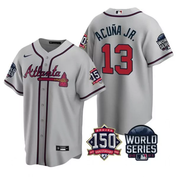 Customizable Mens atlanta atlanta braves 13 ronald acuna jr 2021 gray world series with 150th anniversary patch cool base stitched jersey 6303