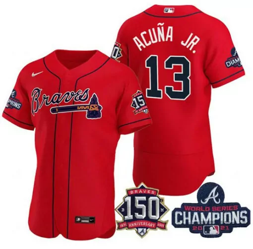 Custom Mens atlanta atlanta braves 13 ronald acuna jr 2021 red world series champions with 150th anniversary flex base stitched jersey 6158