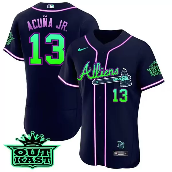 Custom Mens atlanta atlanta braves 13 ronald acuna jr 2023 galaxy flex base stitched jersey 8589