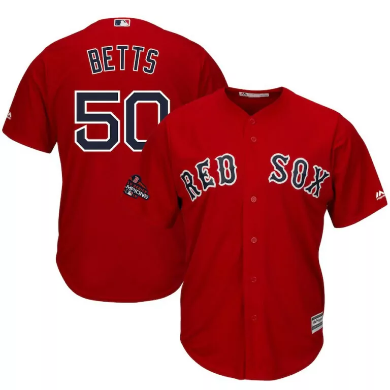 Custom Mens boston red sox 50 mookie betts majestic scarlet 2018 world series champions team logo player stitched jersey 1170