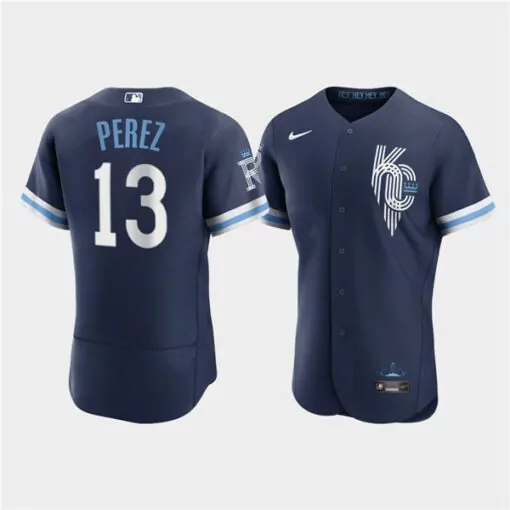 Personalized Mens kansas city royals 13 salvador perez 2022 navy city connect flex base stitched jersey 6906