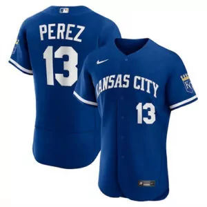 Custom Mens kansas city royals 13 salvador perez blue flex base stitched jersey 2666