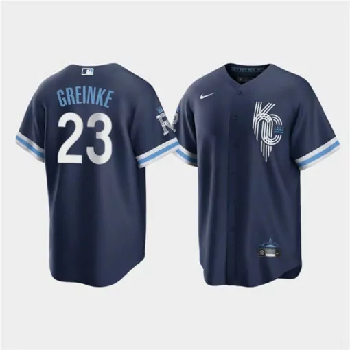 Custom Mens kansas city royals 23 zack greinke 2022 navy city connect cool base stitched jersey 3006