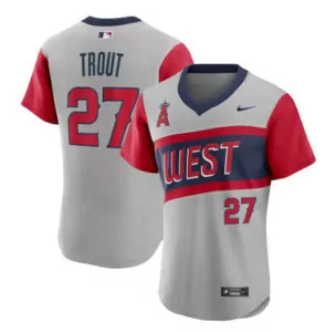 Custom Mens los angeles angels 27 mike trout 2021 grey little league classic road flex base stitched jersey 7076