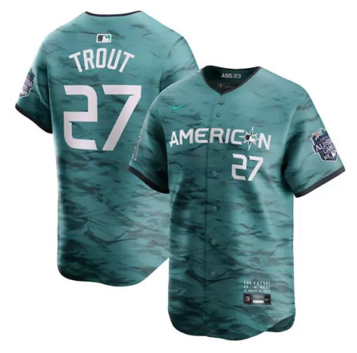 Personalized Mens los angeles angels 27 mike trout teal 2023 allstar cool base stitched jersey 6348