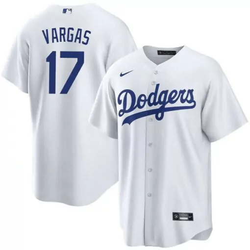 Custom Mens los angeles dodgers 17 miguel vargas white cool base stitched jersey 7169