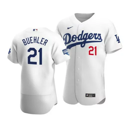 Custom Mens los angeles dodgers 21 walker buehler 2020 white world series champions patch flex base sttiched jersey 4227
