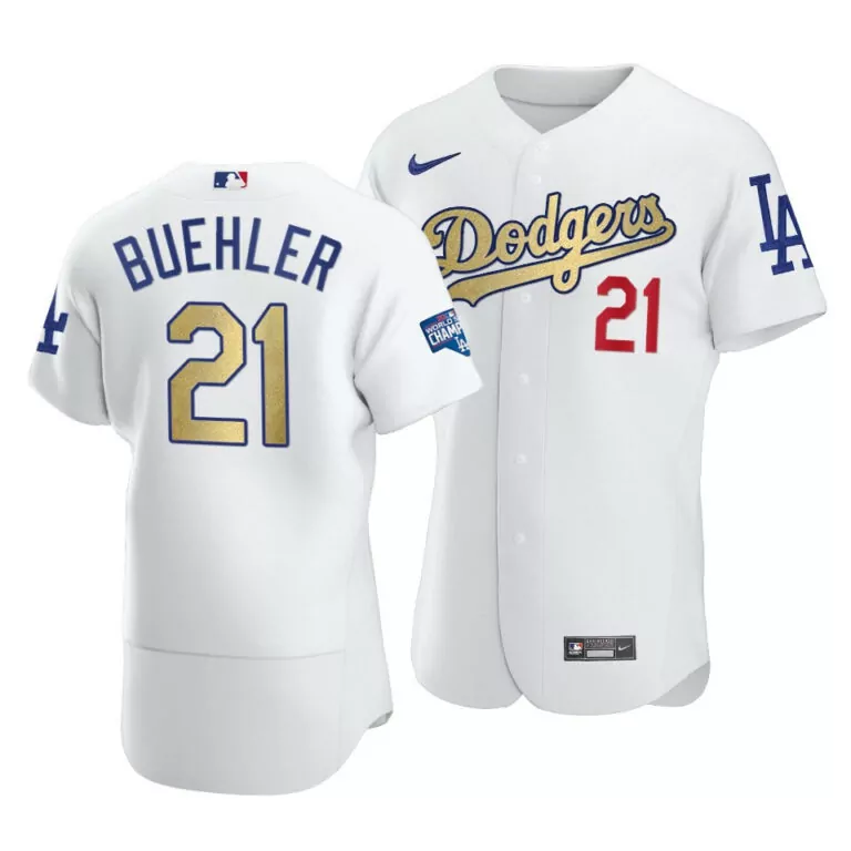 Custom Mens los angeles dodgers 21 walker buehler 2021 white gold world series champions patch sttiched jersey 8047