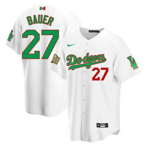 Custom Mens los angeles dodgers 27 trevor bauer white green mexico 2020 world series stitched jersey 6901