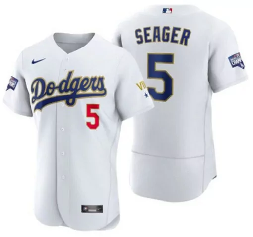 Custom Mens los angeles dodgers 5 corey seager white gold championship flex base sttiched jersey 4566