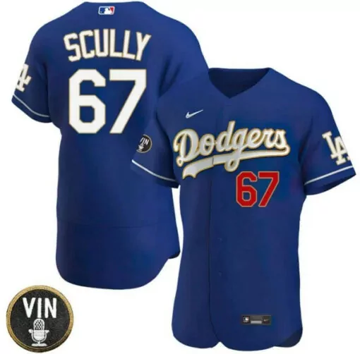 Customizable Mens los angeles dodgers 67 vin scully 2022 blue vin scully patch flex base stitched jersey 3303