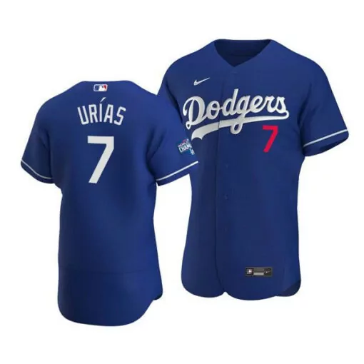 Personalized Mens los angeles dodgers 7 julio urias 2020 blue world series champions patch flex base sttiched jersey 4128