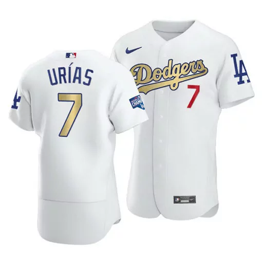 Custom Mens los angeles dodgers 7 julio urias 2021 white gold world series champions patch sttiched jersey 1767