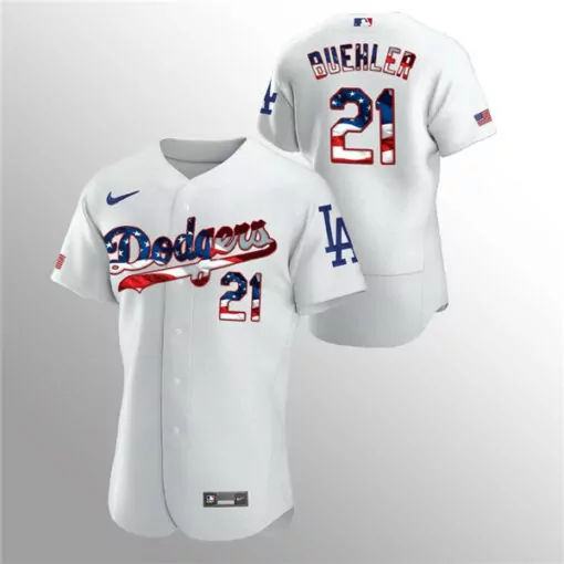 Customizable Mens los angeles dodgers white 21 walker buehler 2020 stars stripes flex base stitched jersey 1100