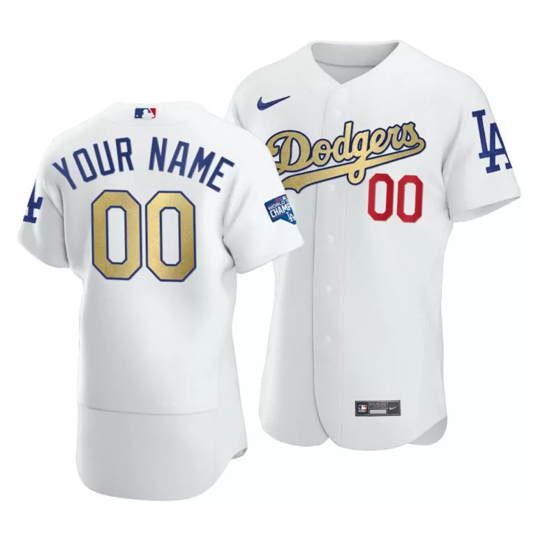 Custom Mens los angeles dodgers white gold 2020 world series champions patch stitched jersey 5136