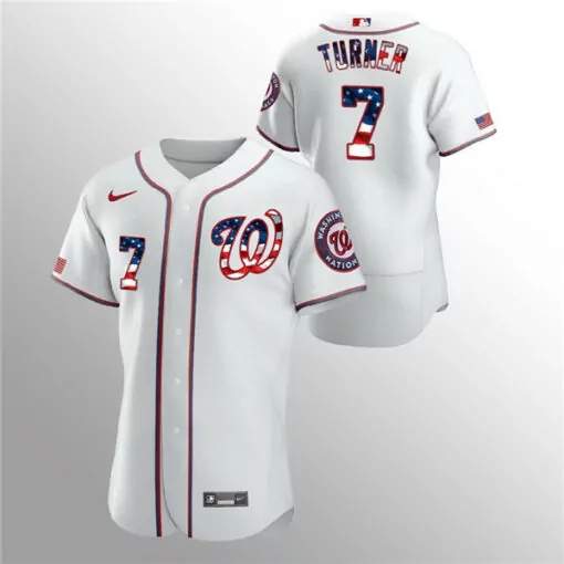 Customizable Mens washington nationals white 7 trea turner 2020 stars stripes flex base stitched jersey 7787