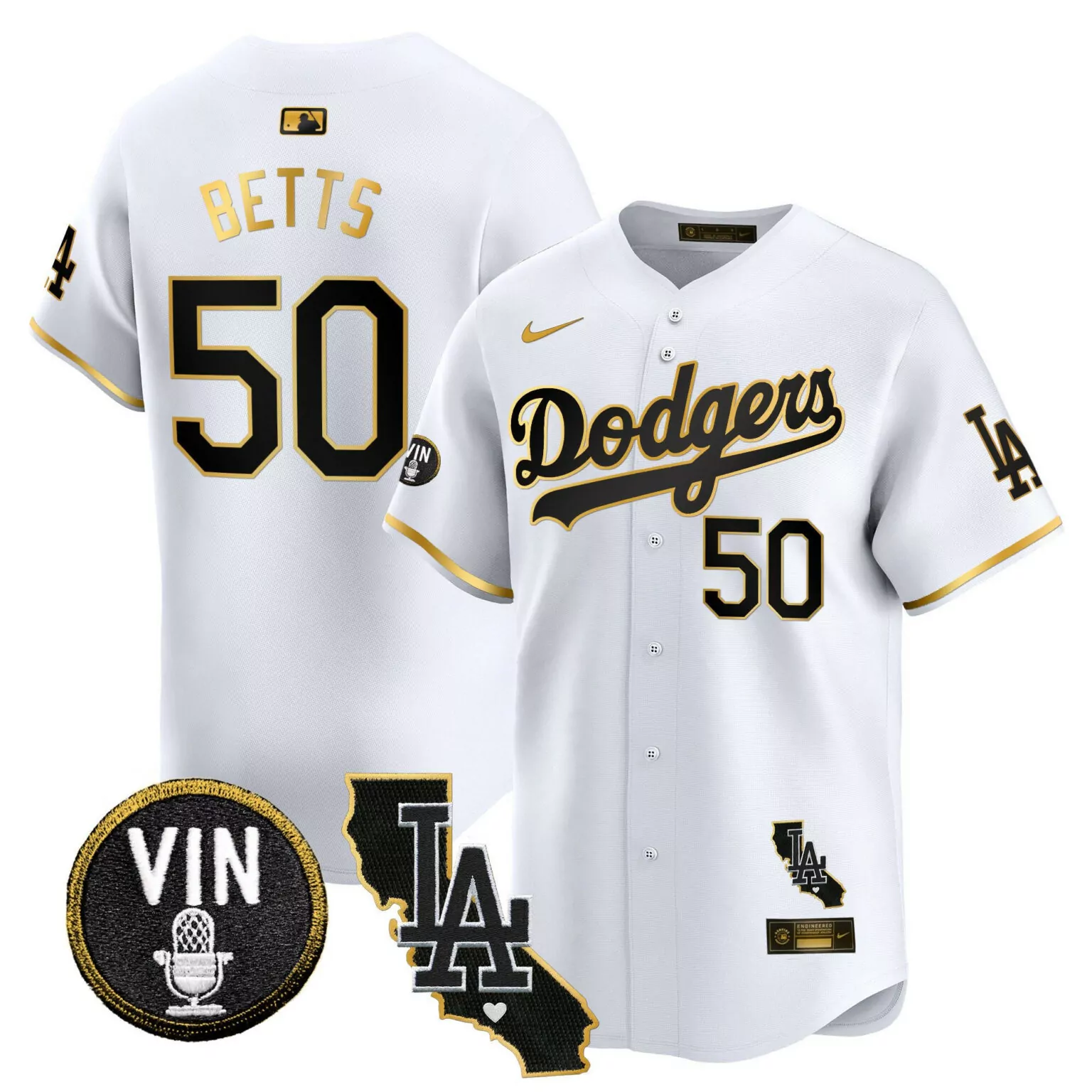 Customizable Mookie betts white gold los angeles dodgers vin california patch gold trim vapor jersey 4801