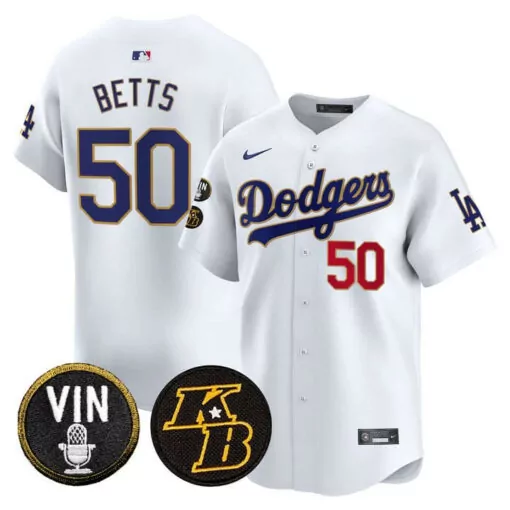 Custom Mookie betts white los angeles dodgers vin kobe patch gold trim vapor jersey 1260