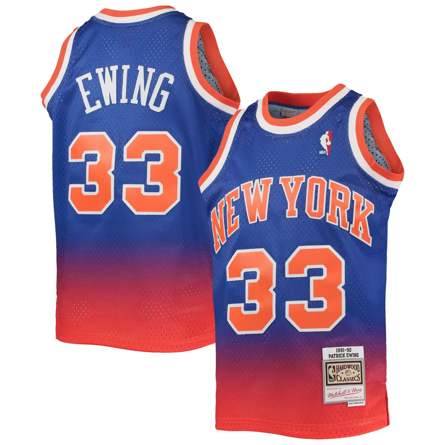 Custom Patrick ewing new york knicks 199192 hardwood classics fadeaway player jersey orangeblue nba 4367