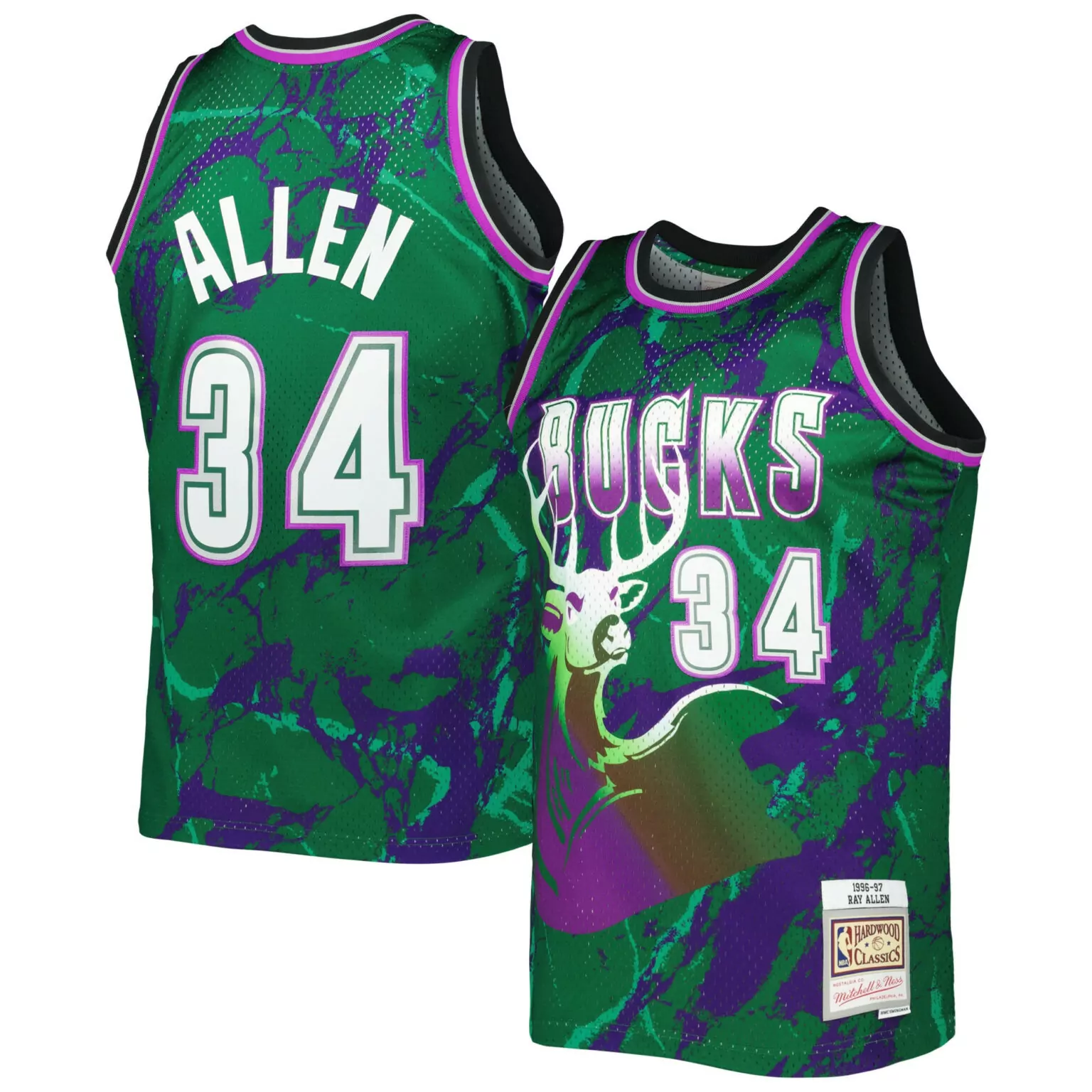 Custom Ray allen milwaukee bucks 199697 hardwood classics marble jersey green nba 1438