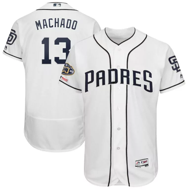Personalized San diego padres 13 manny machado white 50th anniversary and 150th patch flexbase jersey 2855