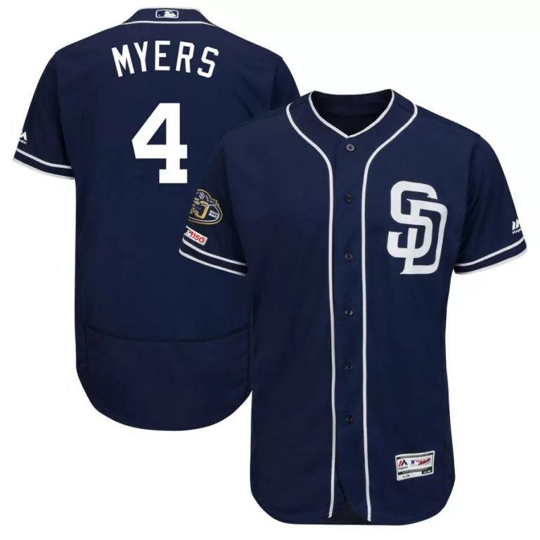 Personalized San diego padres 4 wil meyers navy 50th anniversary and 150th patch flexbase jersey 5757
