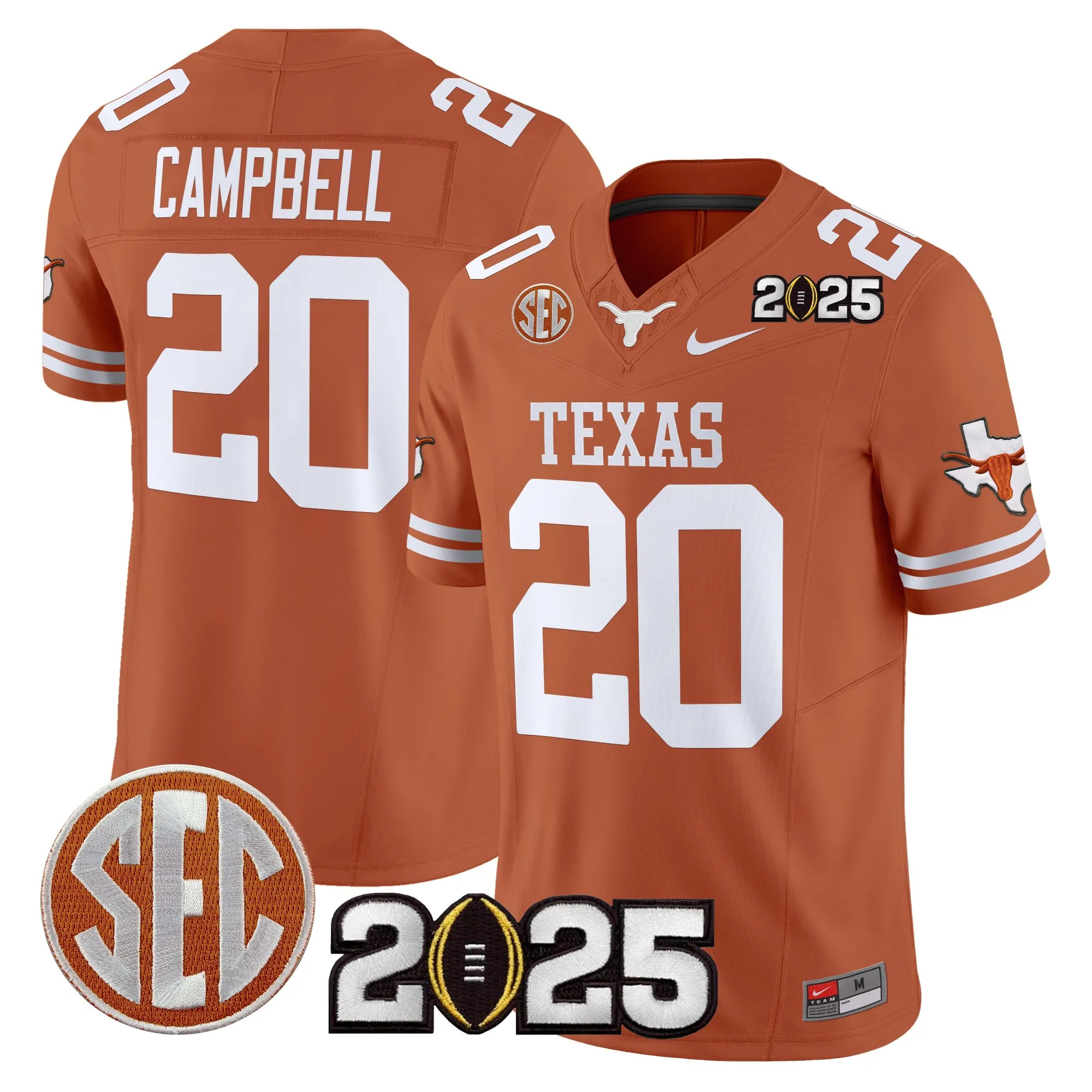 texas longhorns jersey campbell 20 sec 2025 limited edition uniform orange white men women youth