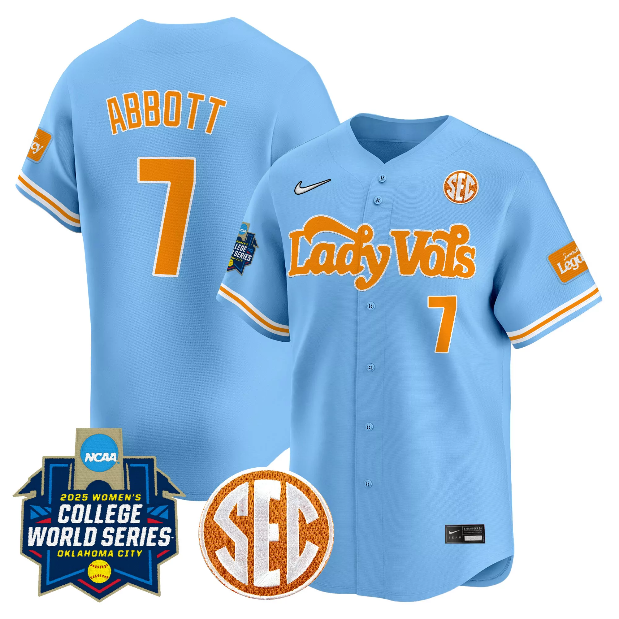 your name 00 women s tennessee volunteers vapor jersey 2025 ncaa world series light blue stitched