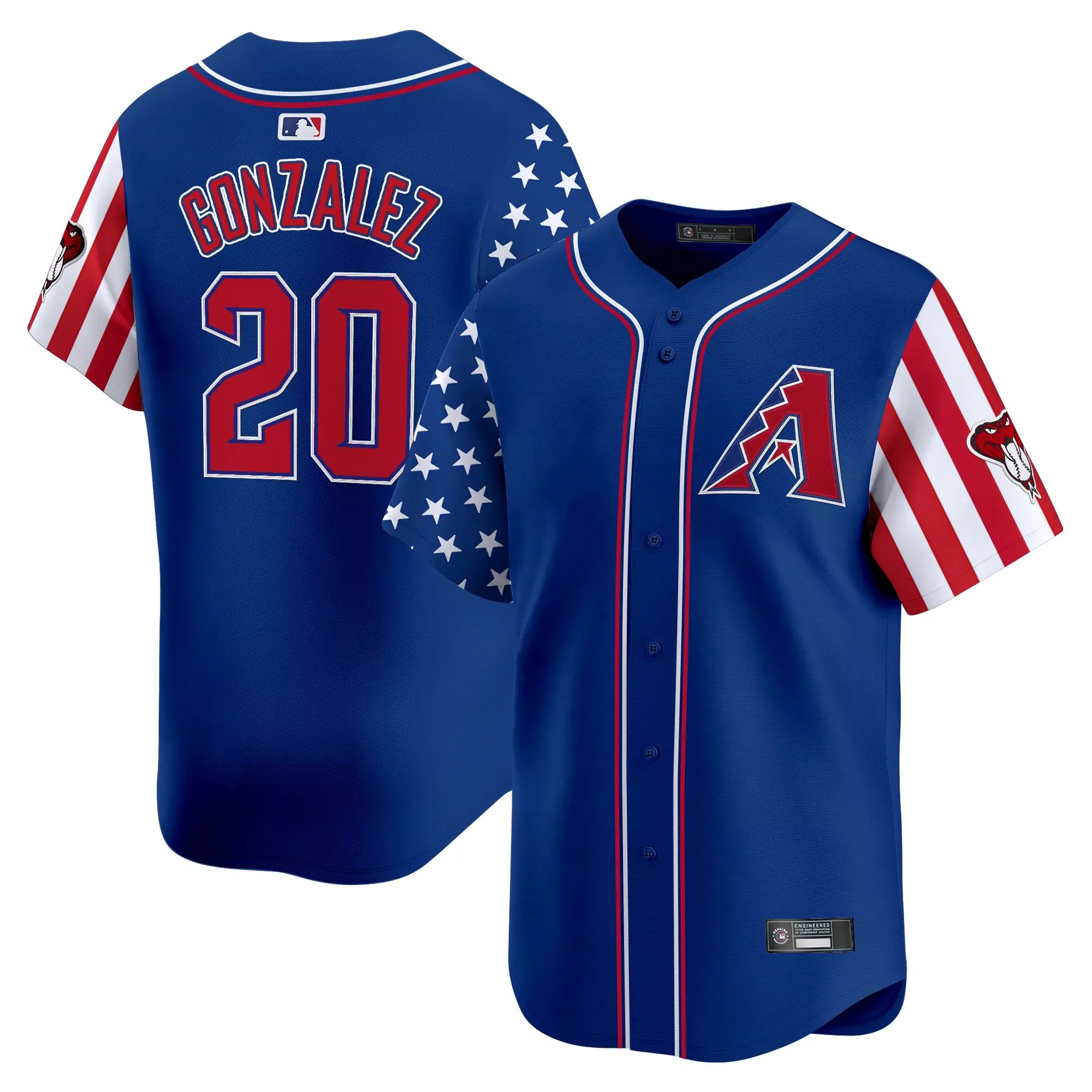 arizona diamondbacks blue stitched vapor jersey with gonzalez 20 men s 2023 american flag patch