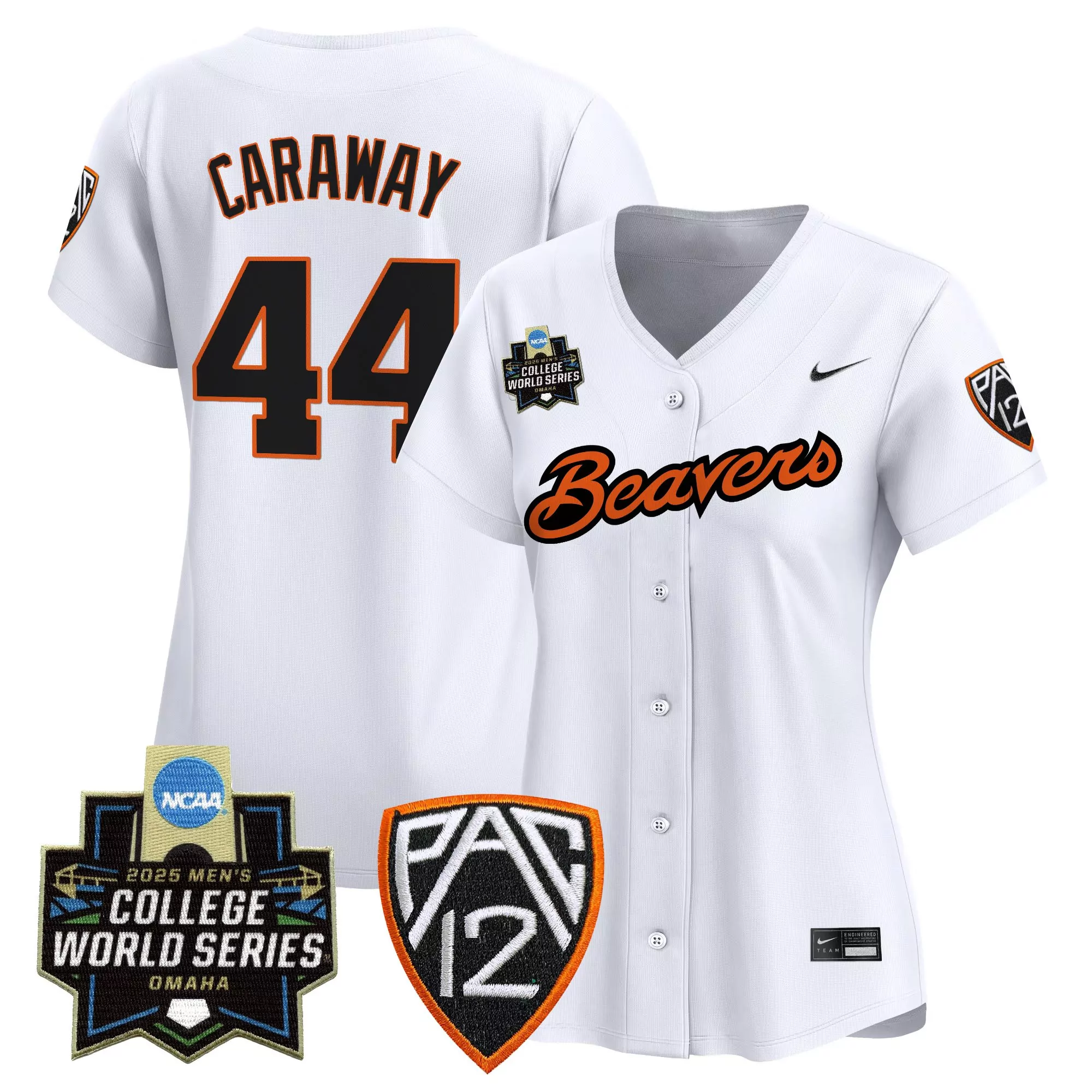 caraway 44 women s oregon state beavers white vapor jersey 2025 college world series pac 12 patch