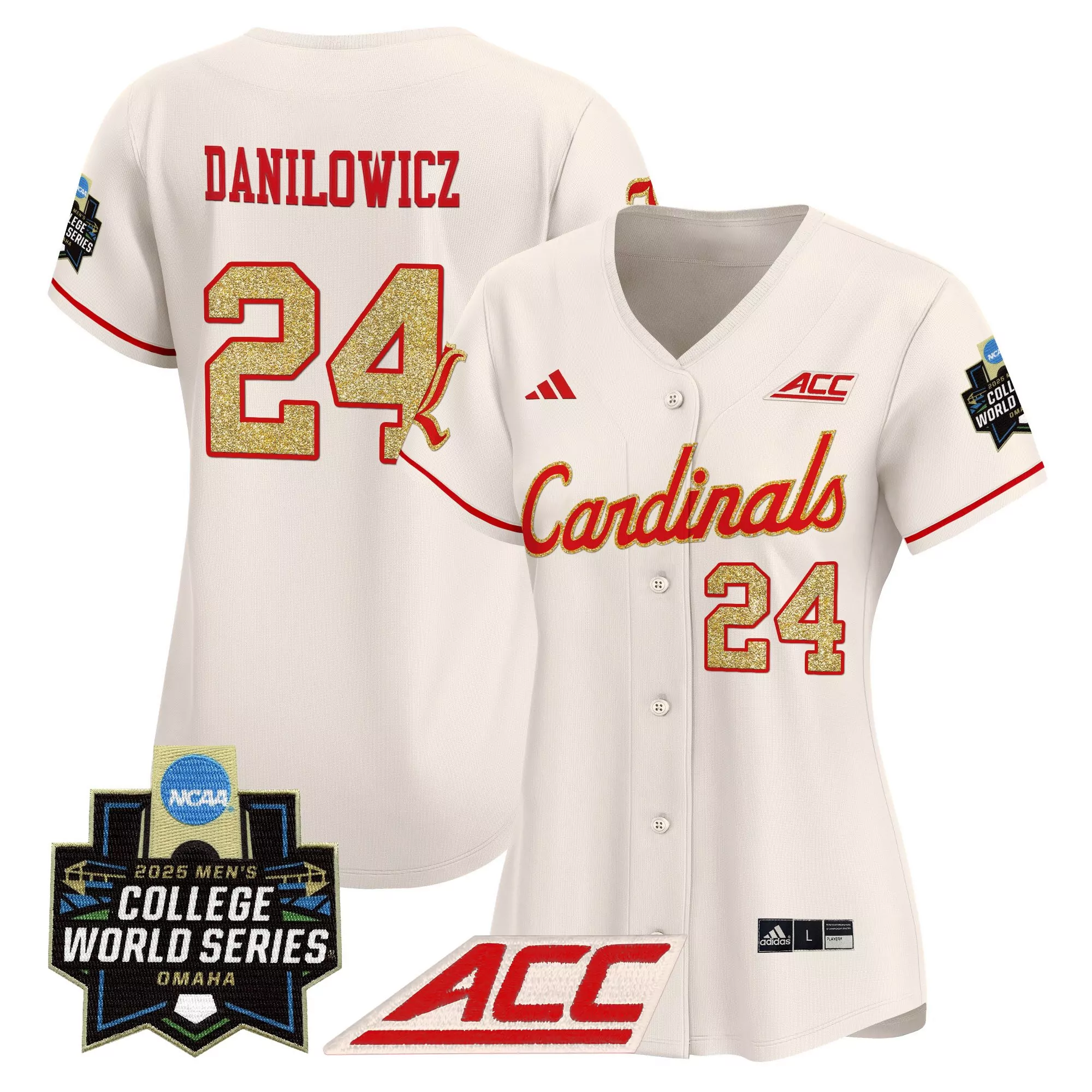 danilowicz 24 women s louisville cardinals white vapor jersey 2025 college world series acc patch