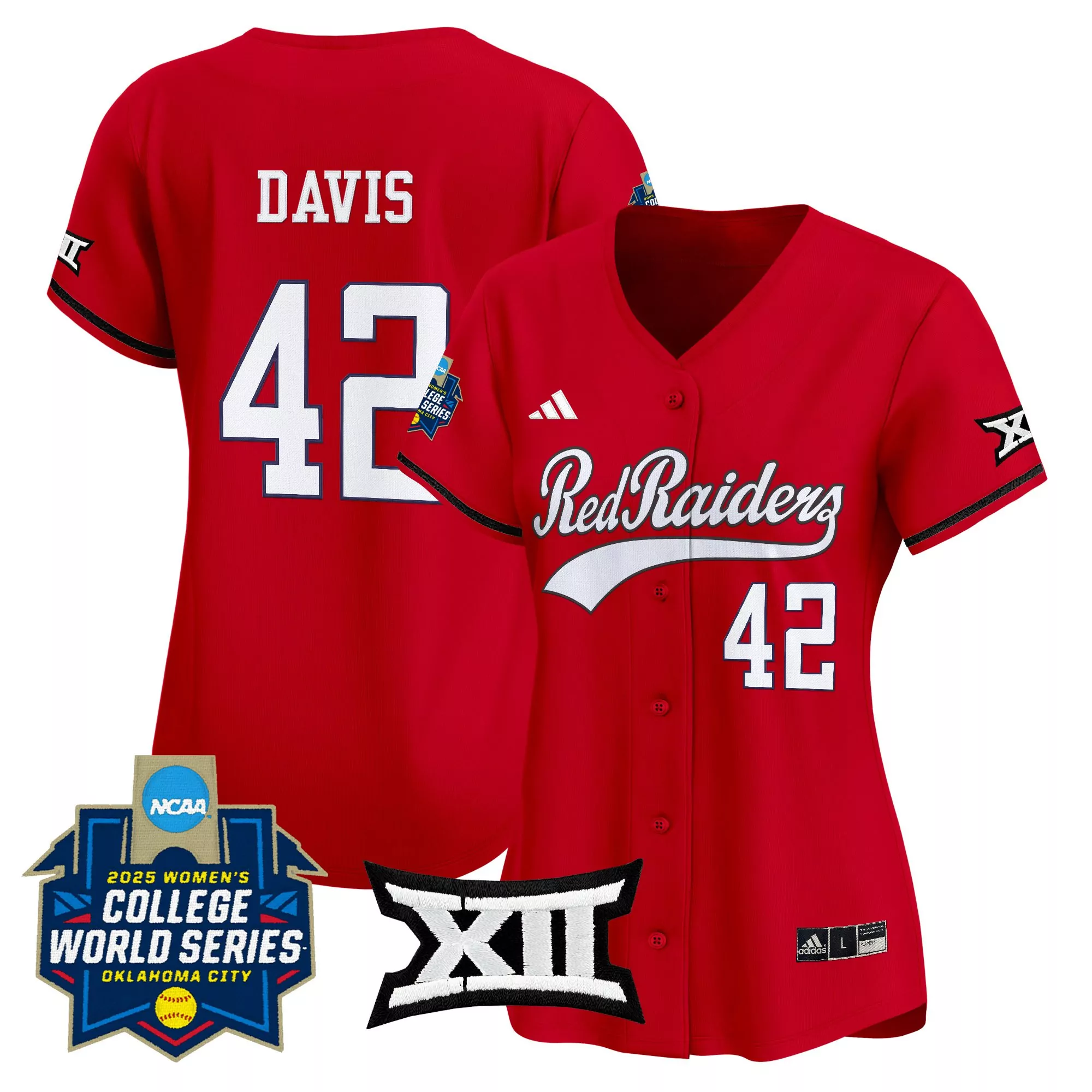 davis 42 women s red texas tech red raiders vapor jersey 2025 college world series embroidered patch