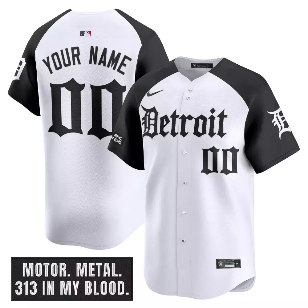Custom White Black Detroit Tigers Jersey | Motor Metal 313 Patch | Unique Fan Gear | For Men, Women & Youth
