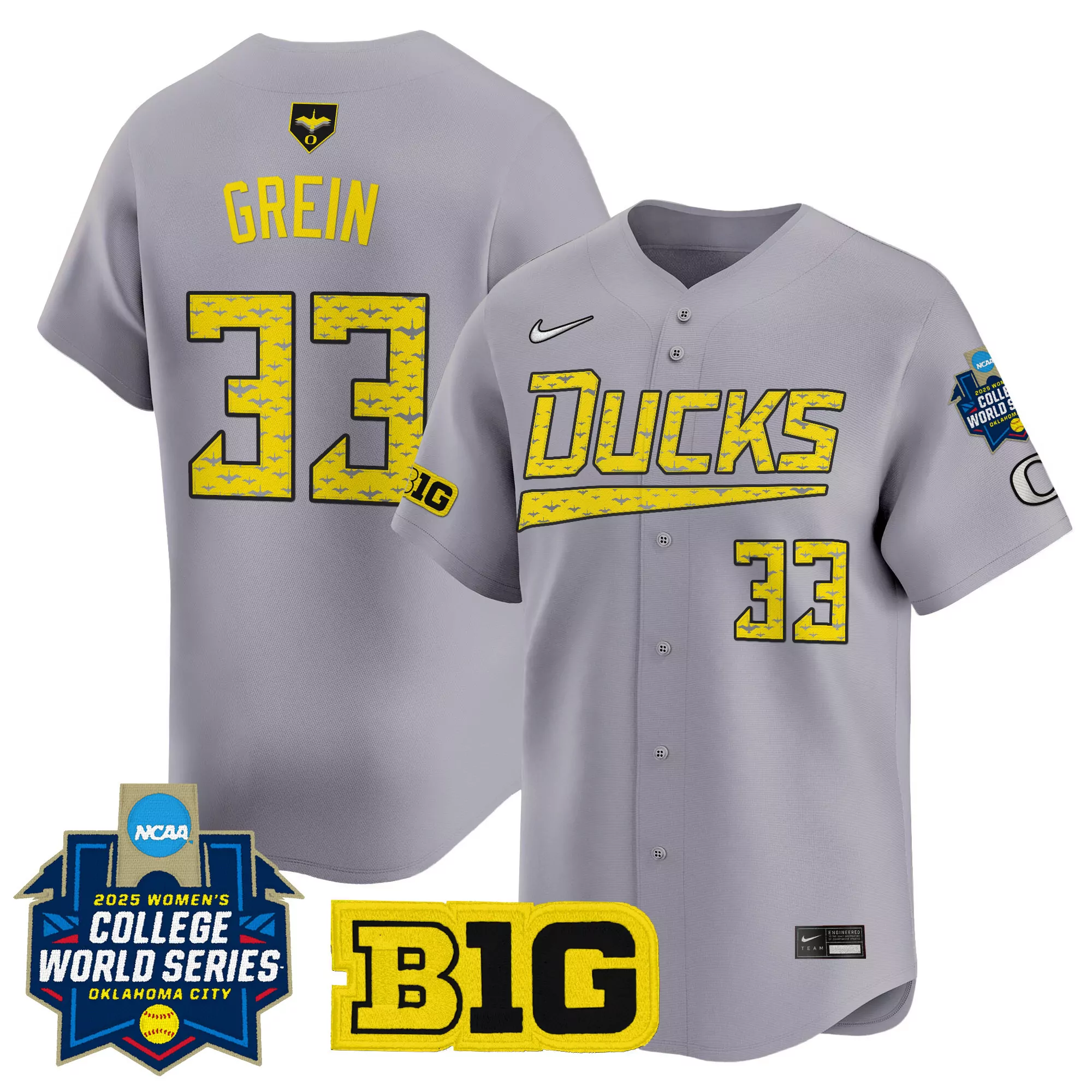 grein 33 women s stitched vapor jersey oregon ducks 2025 wcws gray with embroidered patches