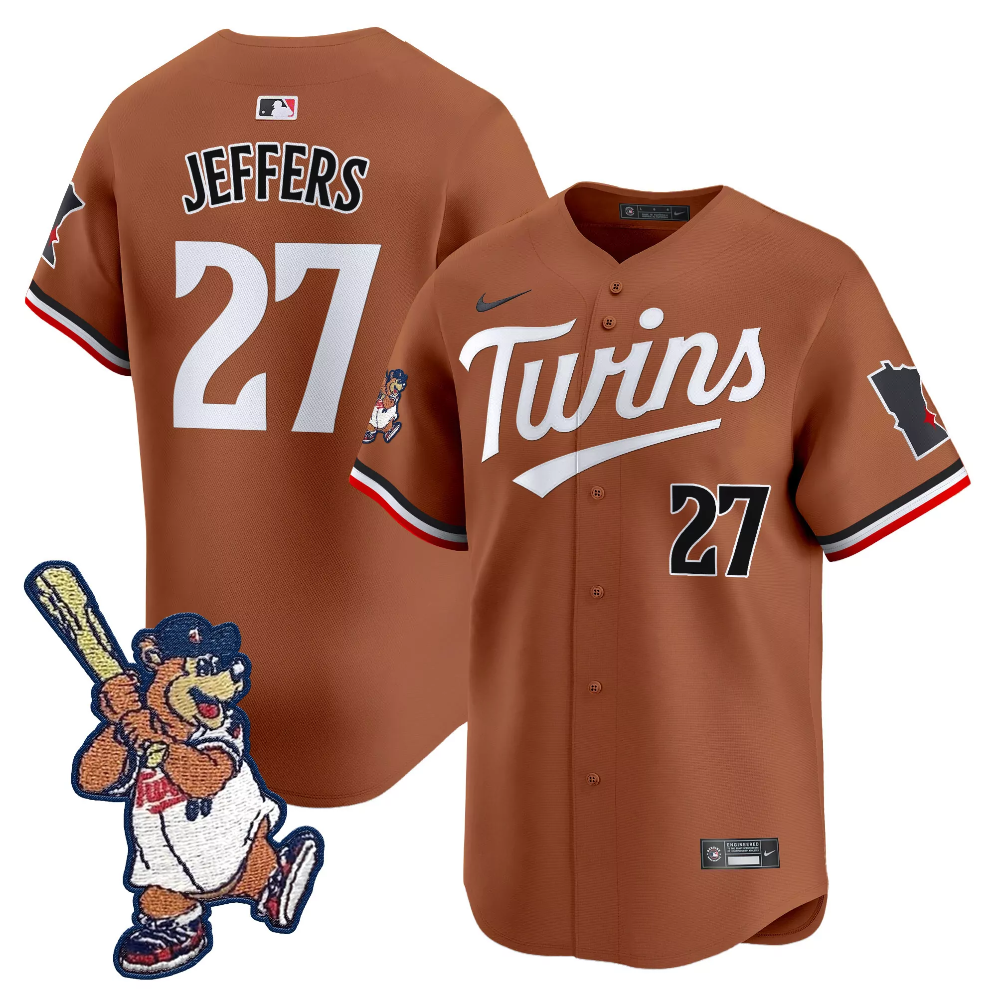 jeffers 27 men s stitched vapor jersey minnesota twins brown patch 2023
