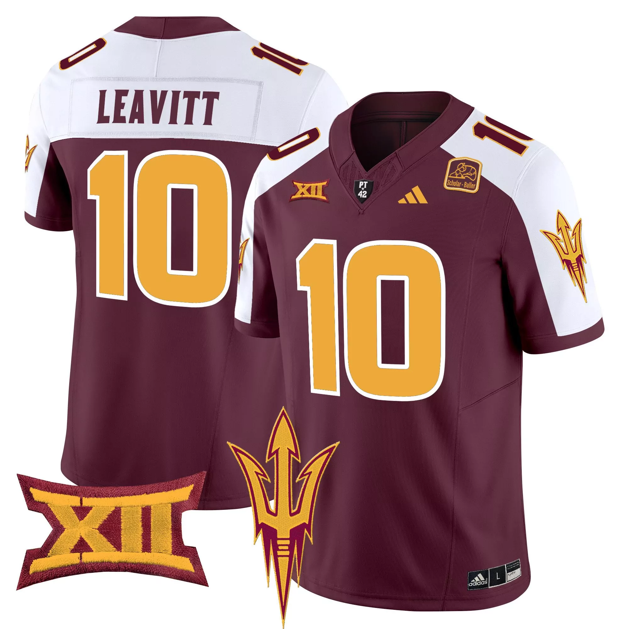 leavitt 10 men s arizona state sun devils maroon vapor stitched jersey with xii patch 2024