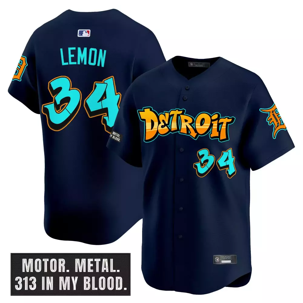 Lemon 34 Detroit Tigers 2023 Navy Vapor Jersey with Embroidered Motor City Patch | Stylish Fan Gear | For Men, Women & Youth