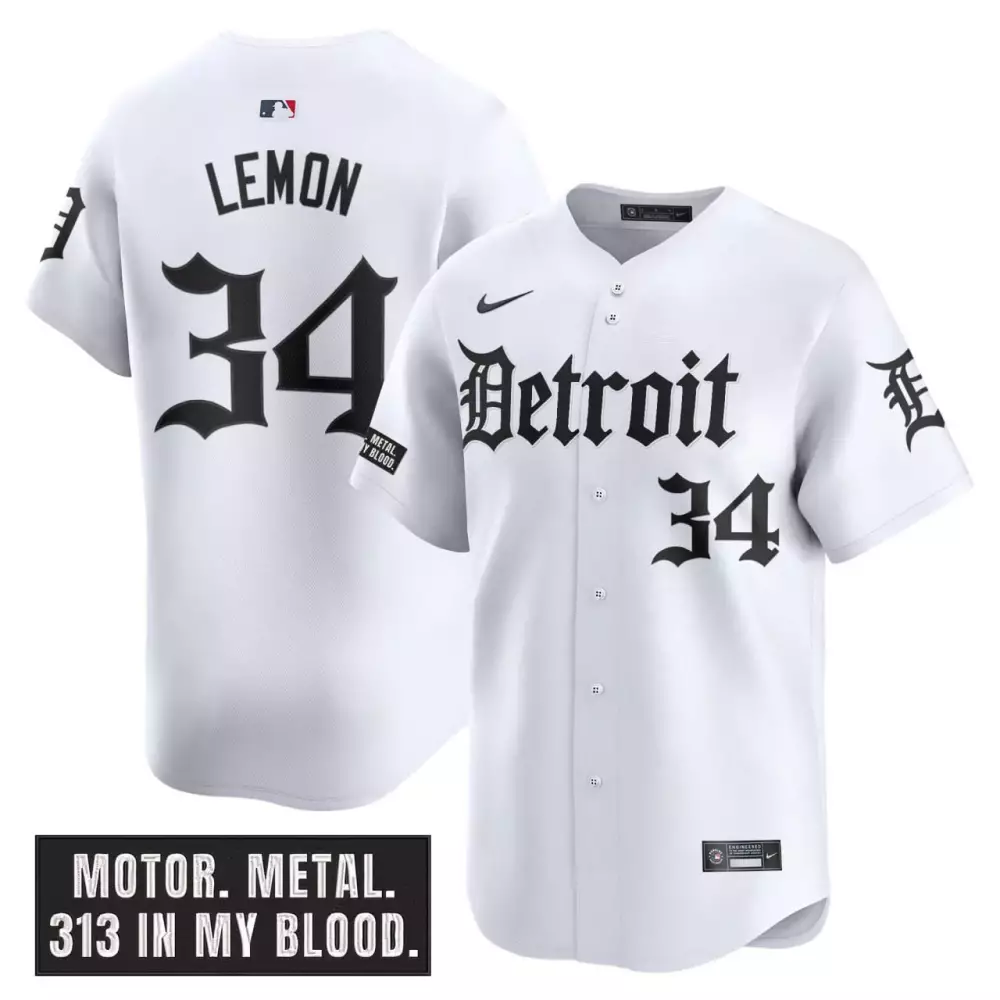 Lemon 34 Detroit Tigers White Motor Gothic Edition Stitched Vapor Jersey | 2023 Fan Gear for Men, Women & Youth