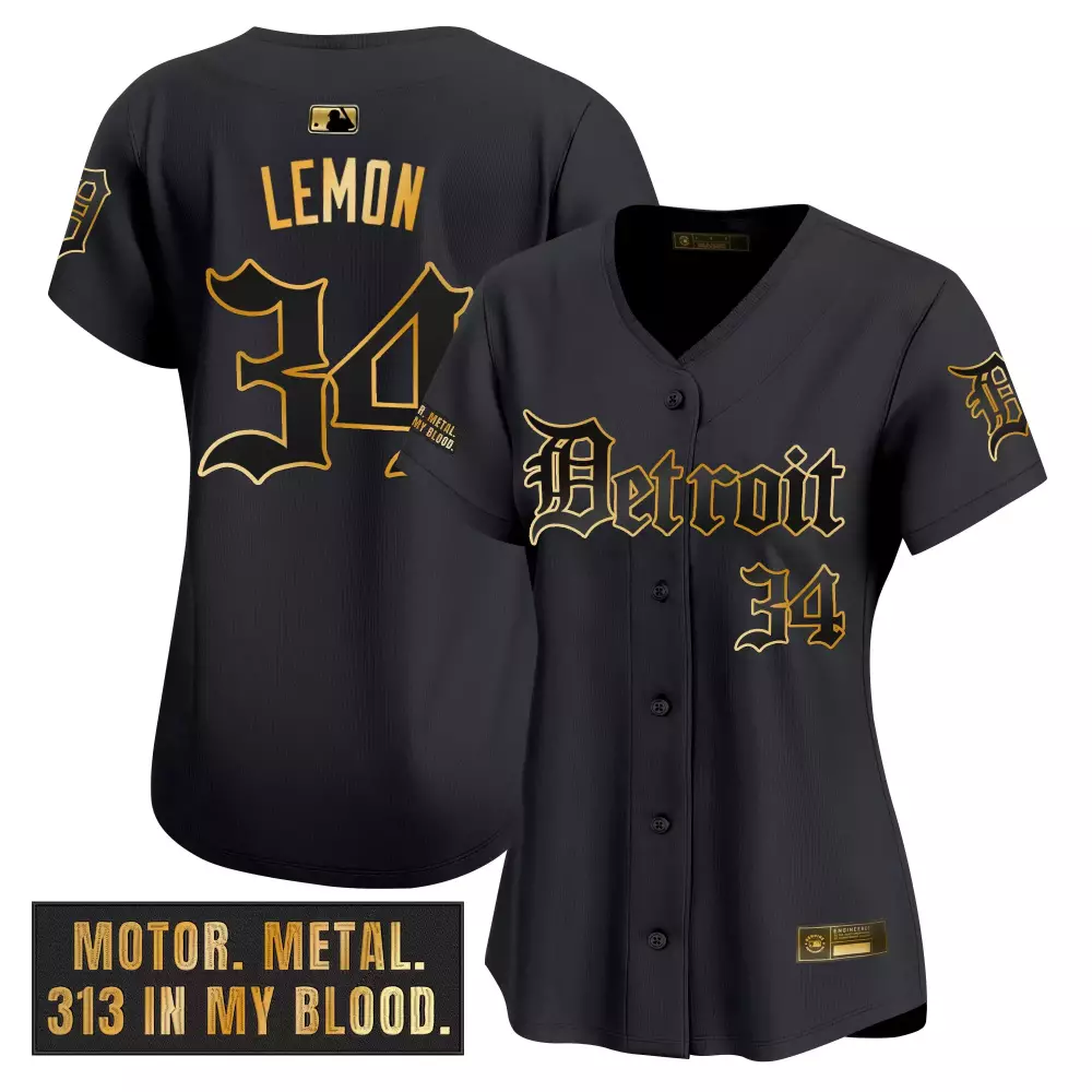 Lemon 34 Women’s Detroit Tigers Black Vapor Jersey | 2023 with Motor Metal Patch | For Men, Women & You