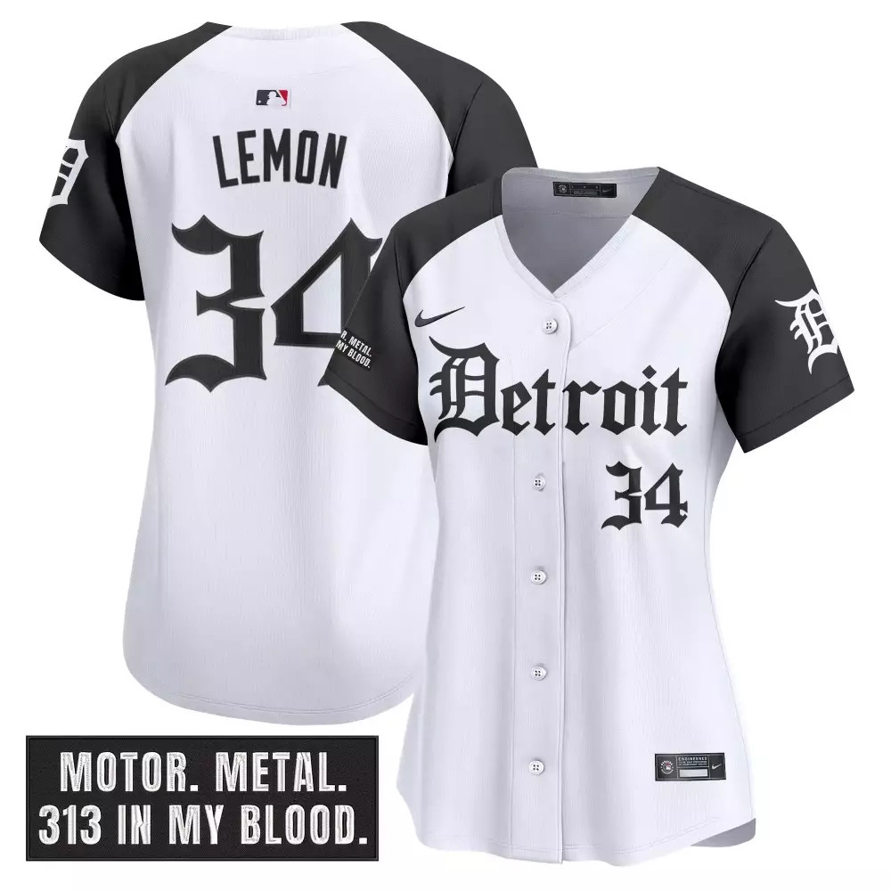 Lemon 34 Women’s Detroit Tigers Black Vapor Jersey | 2023 with Motor Metal Patch | For Men, Women & You