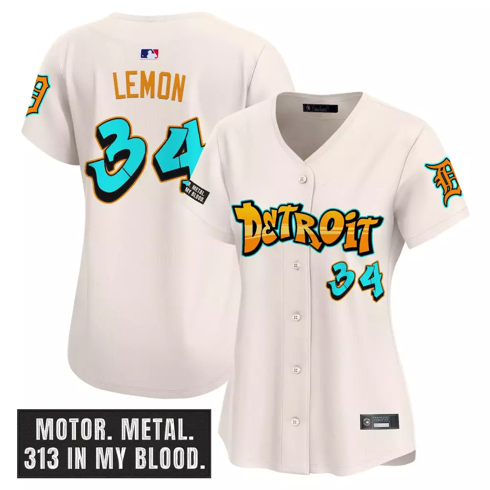 Lemon 34 Women’s Detroit Tigers Black Vapor Jersey | 2023 with Motor Metal Patch | For Men, Women & You