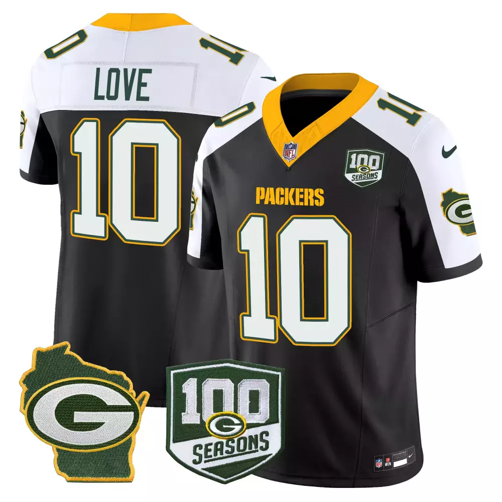 Love 10 Men's Stitched Vapor Jersey | Green Bay Packers 100 Seasons Home Patch Black | Limited Edition Fan Gear | For Men, Women & Youth