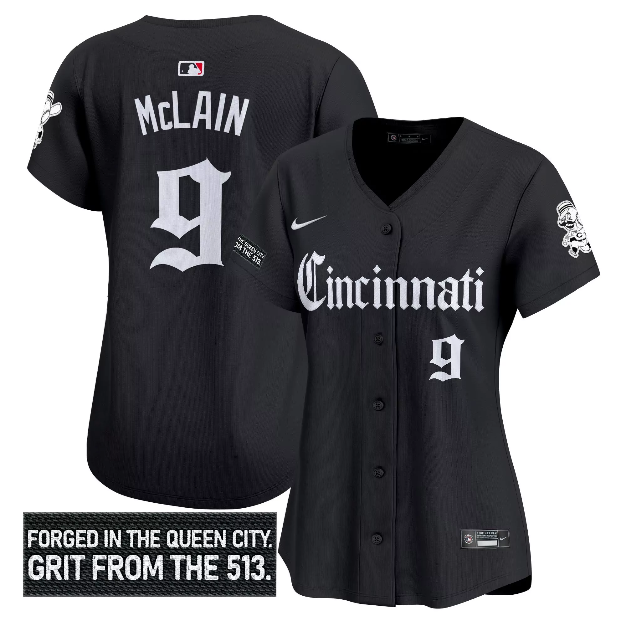 mclain 9 women s stitched vapor jersey cincinnati reds black edition 2023 embroidered patch