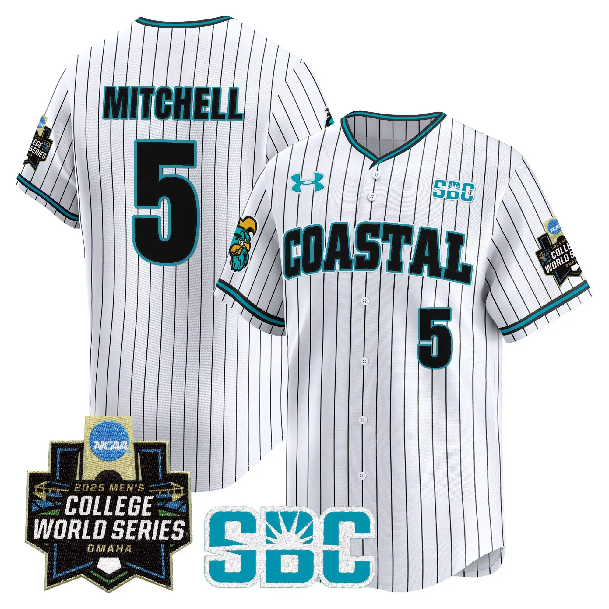 mitchell 5 men s stitched vapor jersey coastal carolina chanticleers 2025 college world series white 2